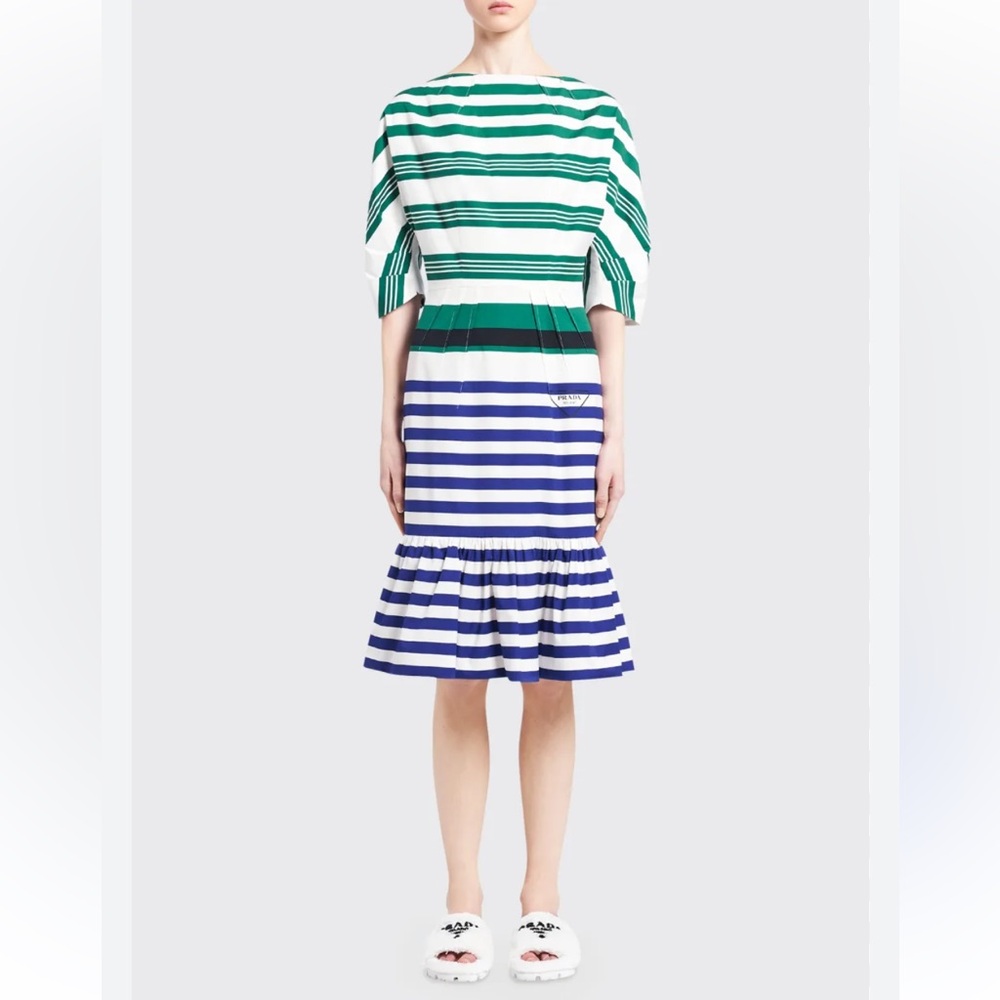 NWOT PRADA Striped Poplin Flared-Hem Midi Dress